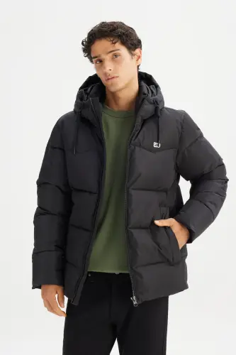Sıcak Tutan Regular Fit Normal Kesim Kapüşonlu Şişme Mont-Black - 1