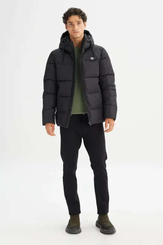 Sıcak Tutan Regular Fit Normal Kesim Kapüşonlu Şişme Mont-Black - 2