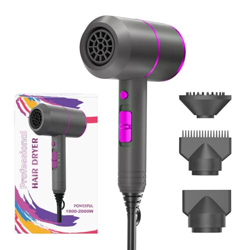 SICOLTT Soch Quritgich Ko'chma Elektrikli Fön Professional Ionli Soch Quritgich Kam Shovqinli 2 Kontsentrator Nozul 1 Diffuzor Aksessuarlari bilan, Engil Sayohat (Kulrang/Pushti) - SICOLTT