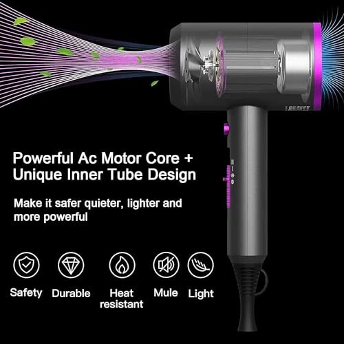 SICOLTT Soch Quritgich Ko'chma Elektrikli Fön Professional Ionli Soch Quritgich Kam Shovqinli 2 Kontsentrator Nozul 1 Diffuzor Aksessuarlari bilan, Engil Sayohat (Kulrang/Pushti) - 6