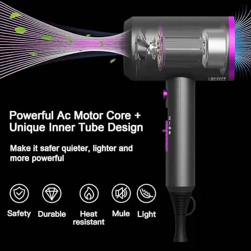 SICOLTT Soch Quritgich Ko'chma Elektrikli Fön Professional Ionli Soch Quritgich Kam Shovqinli 2 Kontsentrator Nozul 1 Diffuzor Aksessuarlari bilan, Engil Sayohat (Kulrang/Pushti) - 6