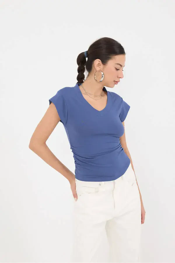 Side Gathered V-Neck T-Shirt P1566-S1 - 4