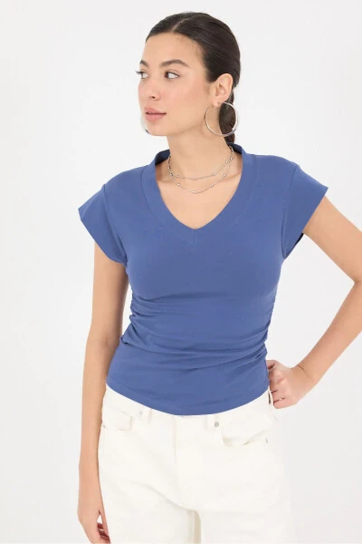 Side Gathered V-Neck T-Shirt P1566-S1 - 6