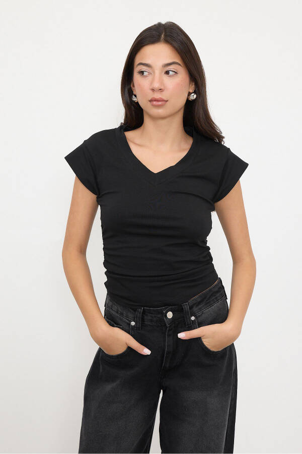 Side Gathered V-Neck T-Shirt P1566-S1-Black - 1