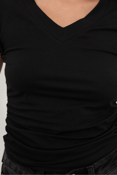 Side Gathered V-Neck T-Shirt P1566-S1-Black - 3