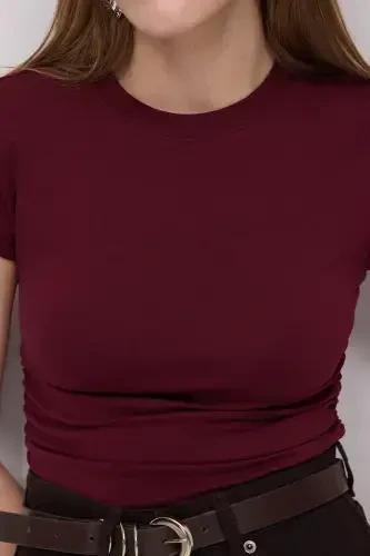 Side Ruched T-shirt B3939-j5-Burgundy - ADDAX (1)