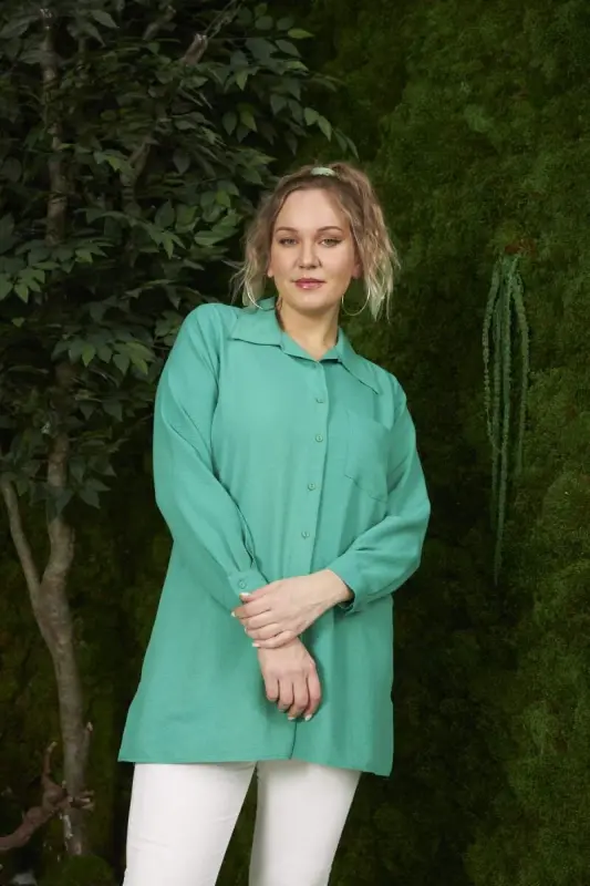 Side Slit Detail Plus Size Green Shirt - 1