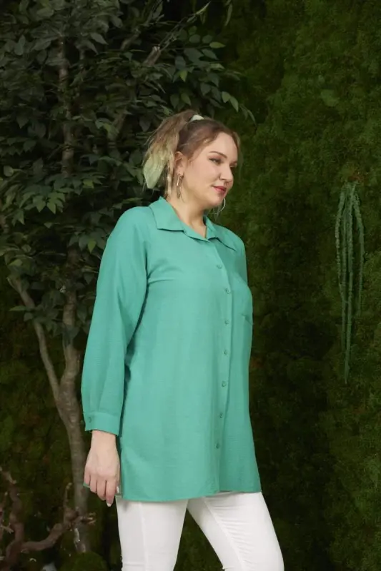 Side Slit Detail Plus Size Green Shirt - 2