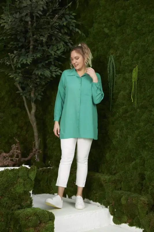 Side Slit Detail Plus Size Green Shirt - 5