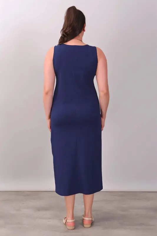 Side-Slit Knit Navy Dress - 1