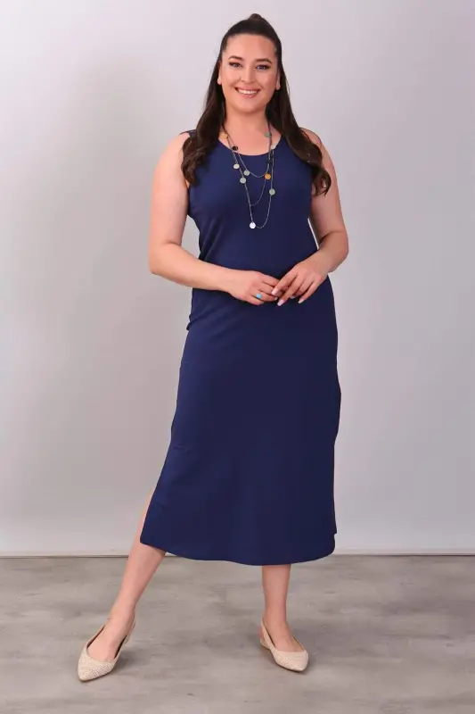 Side-Slit Knit Navy Dress - 3