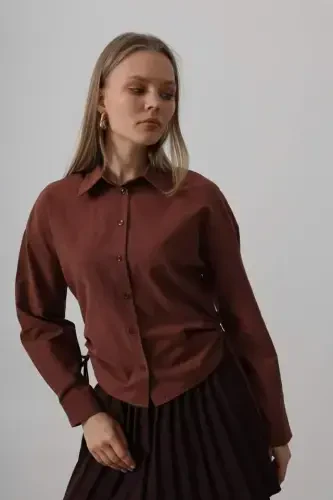 Side Tie Basic Shirt - Dark Brown - 1