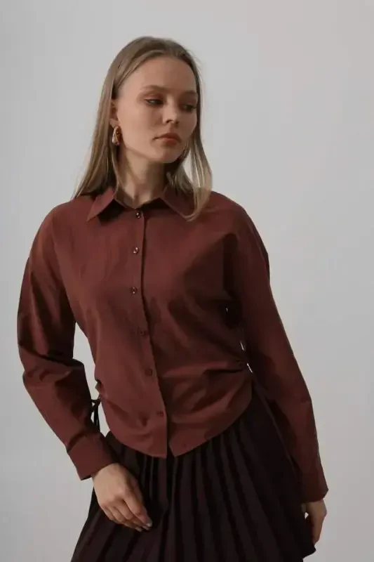 Side Tie Basic Shirt - Dark Brown - 1