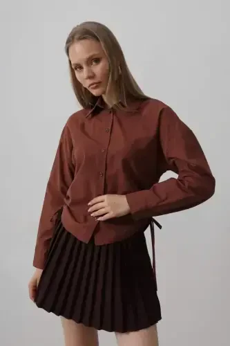 Side Tie Basic Shirt - Dark Brown - 2