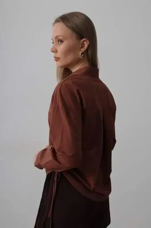 Side Tie Basic Shirt - Dark Brown - 3