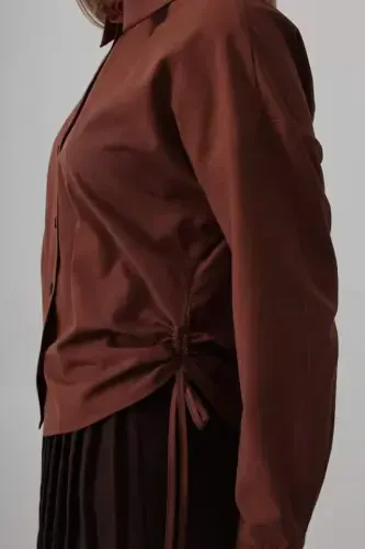 Side Tie Basic Shirt - Dark Brown - 4