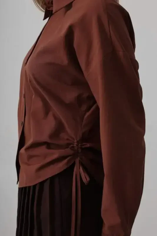 Side Tie Basic Shirt - Dark Brown - 4