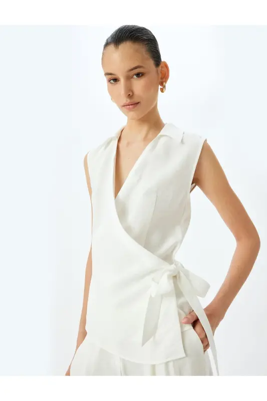 Side Tie Detailed Viscose Sleeveless Wrap Blouse - 1
