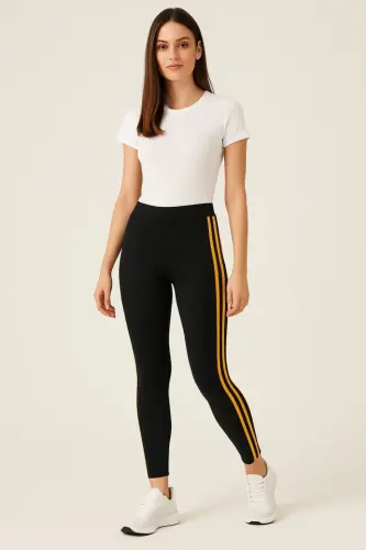 Side Yellow Striped Must-Have Leggings - Navy Blue - 1