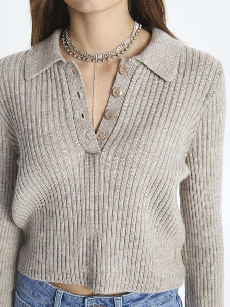 Sidney - Polo Neck Soft Textured Plain Knit - Beige - 9