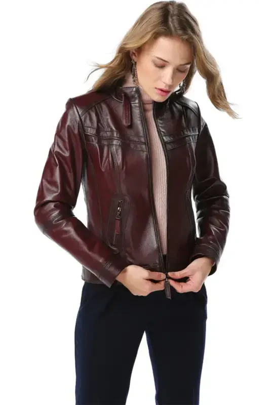 Siena ayollar uchun slim fit haqiqiy charm kurtka bordo-BORDO - 1