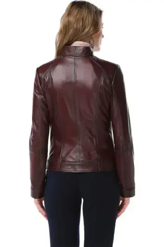 Siena ayollar uchun slim fit haqiqiy charm kurtka bordo-BORDO - 3