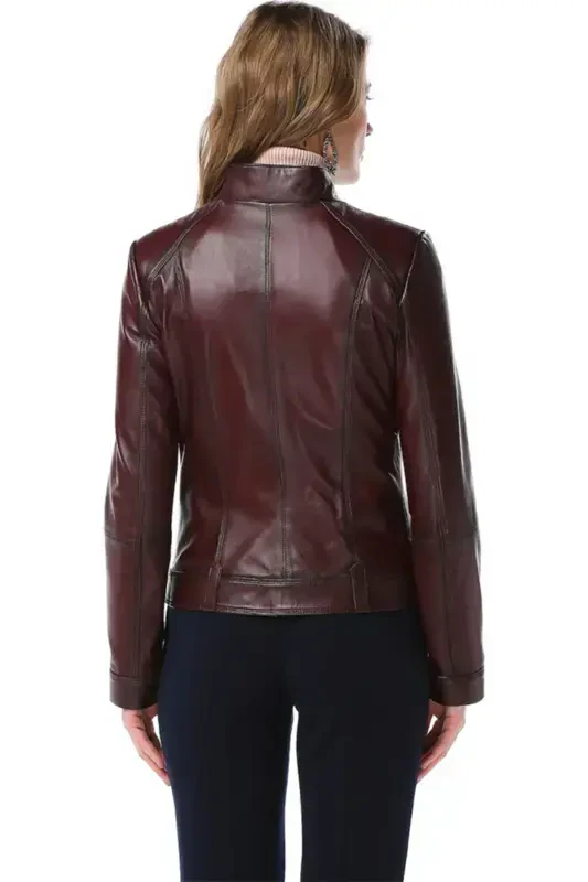 Siena ayollar uchun slim fit haqiqiy charm kurtka bordo-BORDO - 3