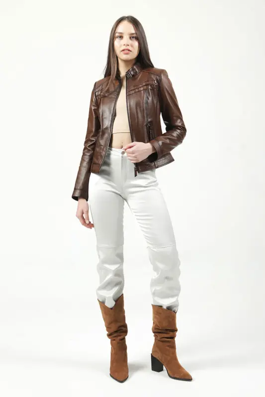 Siena Kadın Slim Fit Hakiki Deri Mont Camel Antik-CAMEL ANTİK - 2