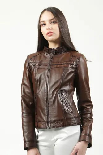 Siena Kadın Slim Fit Hakiki Deri Mont Camel Antik-CAMEL ANTİK - 4