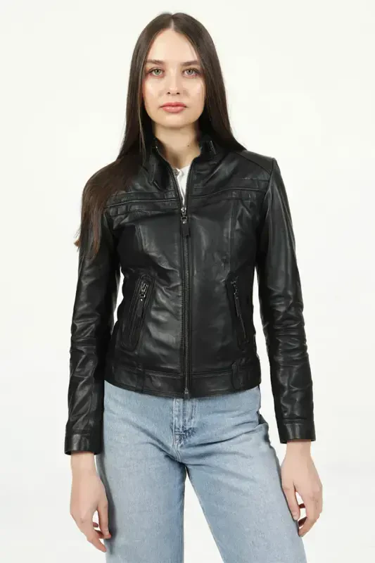 Siena Women's Slim Fit Genuine Leather Jacket Black-BLACK - DERICLUB