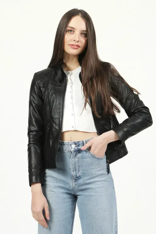 Siena Women's Slim Fit Genuine Leather Jacket Black-BLACK - 2