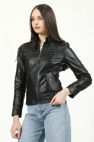 Siena Women's Slim Fit Genuine Leather Jacket Black-BLACK - 5