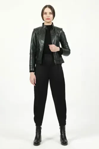 Siena Women's Slim Fit Genuine Leather Jacket Green-GREEN - 3