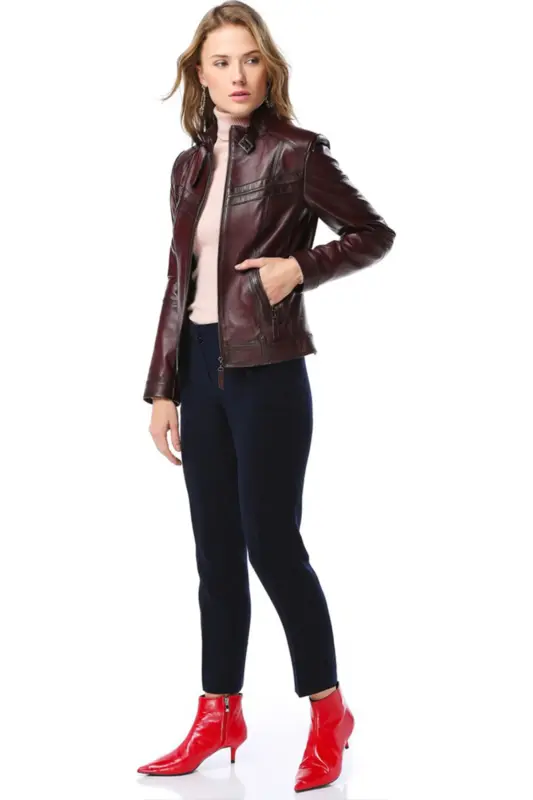 Siena Женская приталенная куртка из натуральной кожи Slim Fit, бордовая-БОРДО - 2