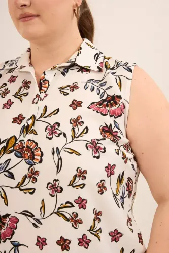 Sıfır Kol Desenli Büyük Beden Bluz Ekru - 2