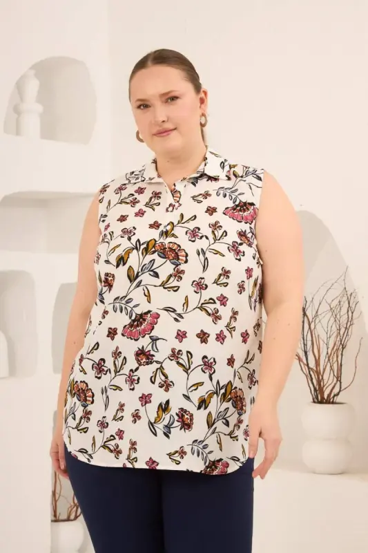 Sıfır Kol Desenli Büyük Beden Bluz Ekru - 3