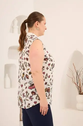 Sıfır Kol Desenli Büyük Beden Bluz Ekru - 4