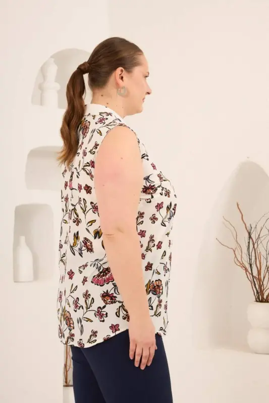 Sıfır Kol Desenli Büyük Beden Bluz Ekru - 4