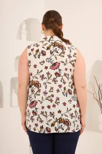 Sıfır Kol Desenli Büyük Beden Bluz Ekru - 5