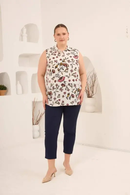 Sıfır Kol Desenli Büyük Beden Bluz Ekru - 6