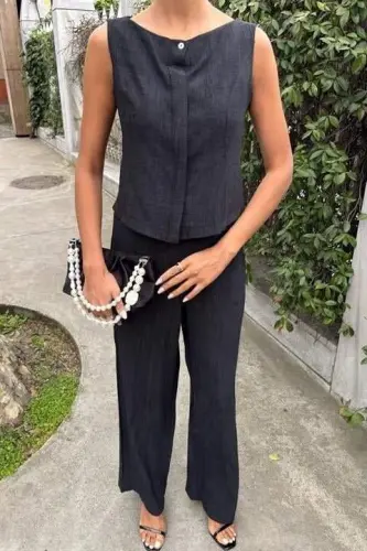 Sıfır Kollu Bluz Batik Desenli Pantolon İkili Takım 10181-08 - 4