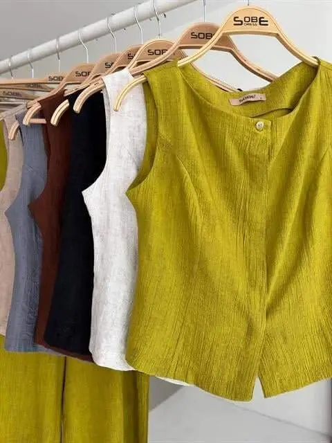 Sıfır Kollu Bluz Batik Desenli Pantolon İkili Takım 10181-08 - 10