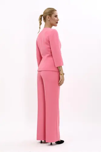 Sıfır Yaka Düz Kısa Ceket & Bol Paça Pantolon Takım-Pembe-Pembe - 4