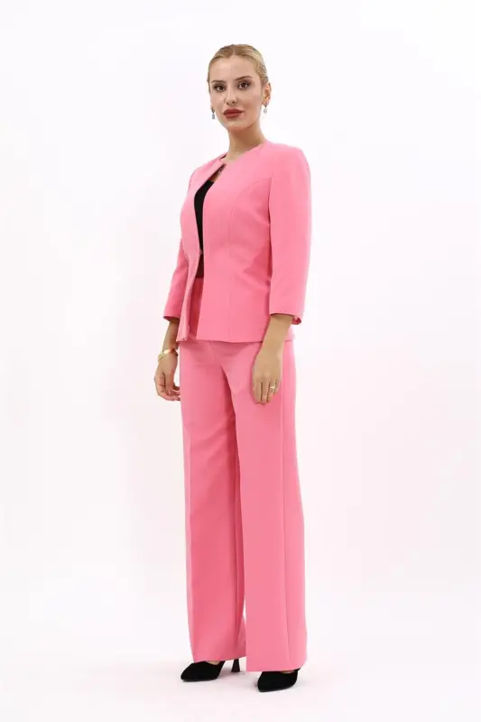 Sıfır Yaka Düz Kısa Ceket & Bol Paça Pantolon Takım-Pembe-Pembe - 5