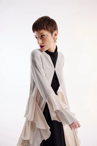 Şifon Abaya Volan Detaylı Nude + Şal-Nude - Modazone (1)