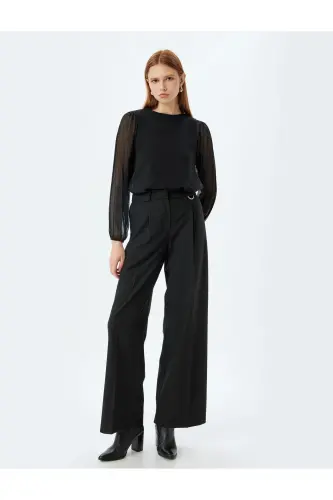 Şifon Bluz Yuvarlak Yaka Uzun Pileli Tül Kollu - Siyah - 2