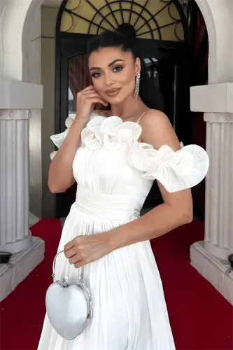 Şifon Gazlama Volan Detalli Midi Ko'ylak - OQ - 4