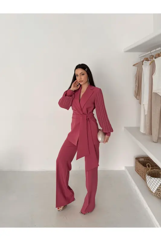 ŞİFON KOLLU İKİLİ TAKIM-Gül Kurusu - 5