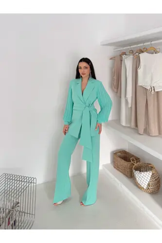 ŞİFON KOLLU İKİLİ TAKIM-Mint Yeşili - 5