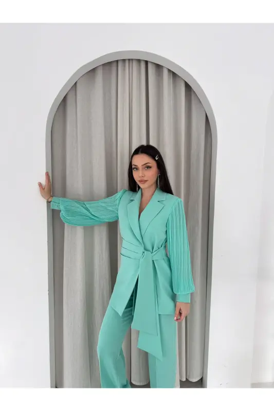 ŞİFON KOLLU İKİLİ TAKIM-Mint Yeşili - 2